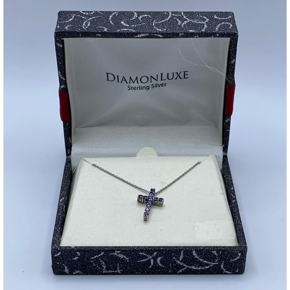 Dainty Sterling Silver & Amethyst Cross Necklace, New in‎ Box